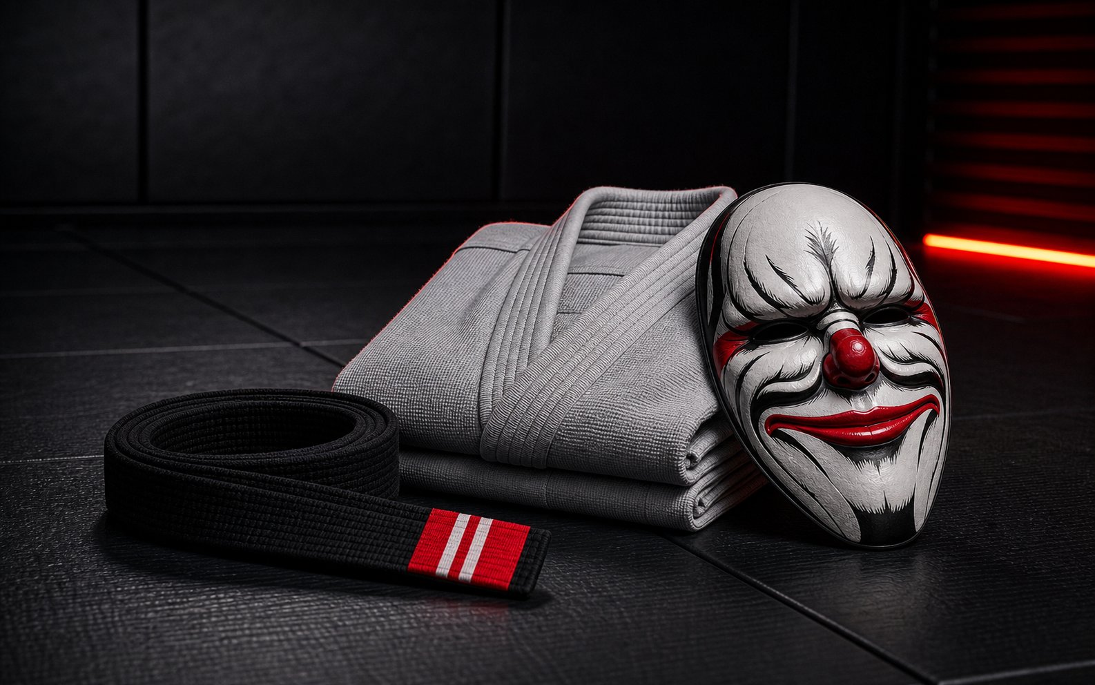 Gray gi, black belt with red rank bar, and Desert Boa mask on jiu jitsu mats