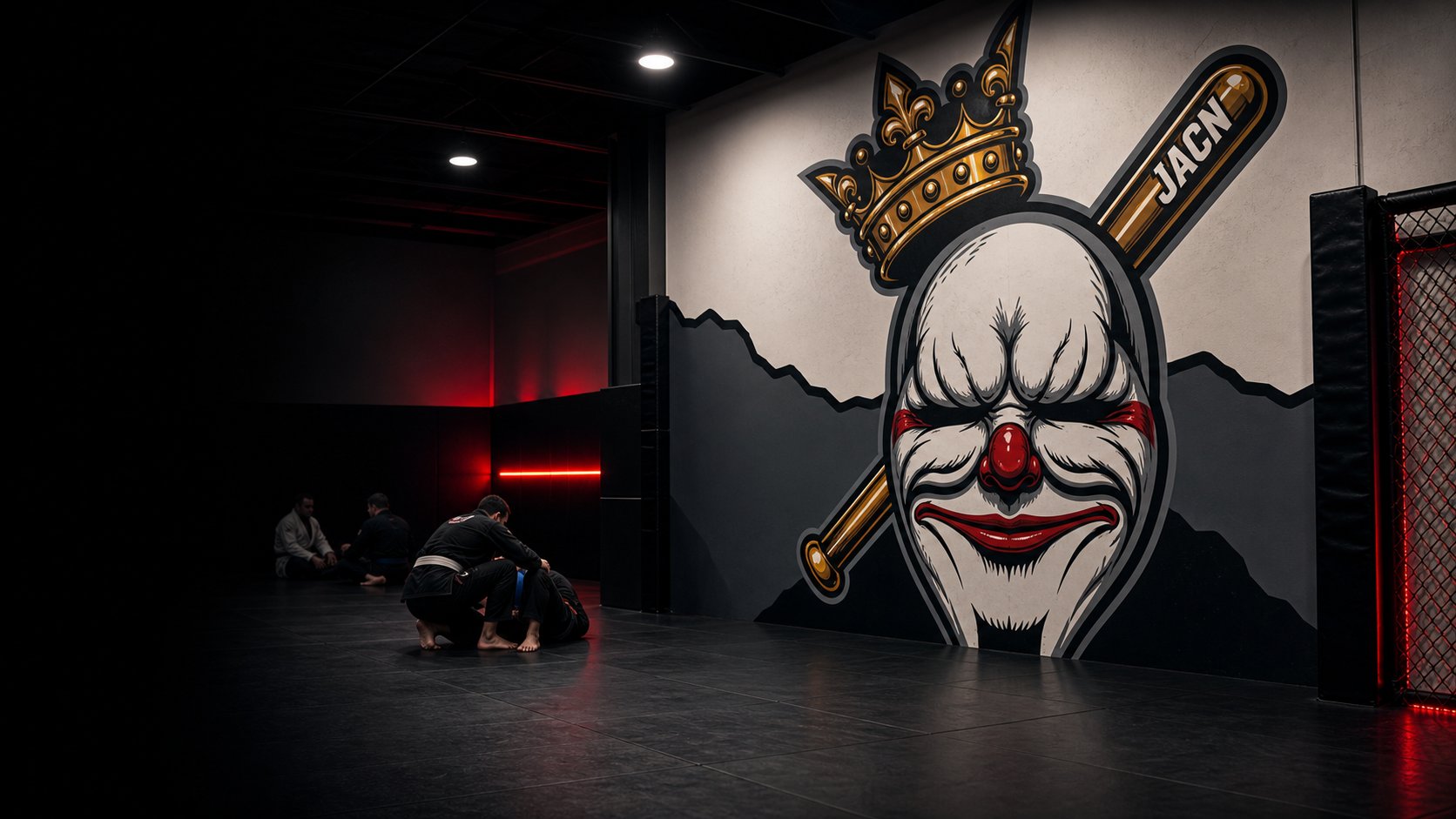 Mask and JACN baseball bat mural inside a black and red martial arts room